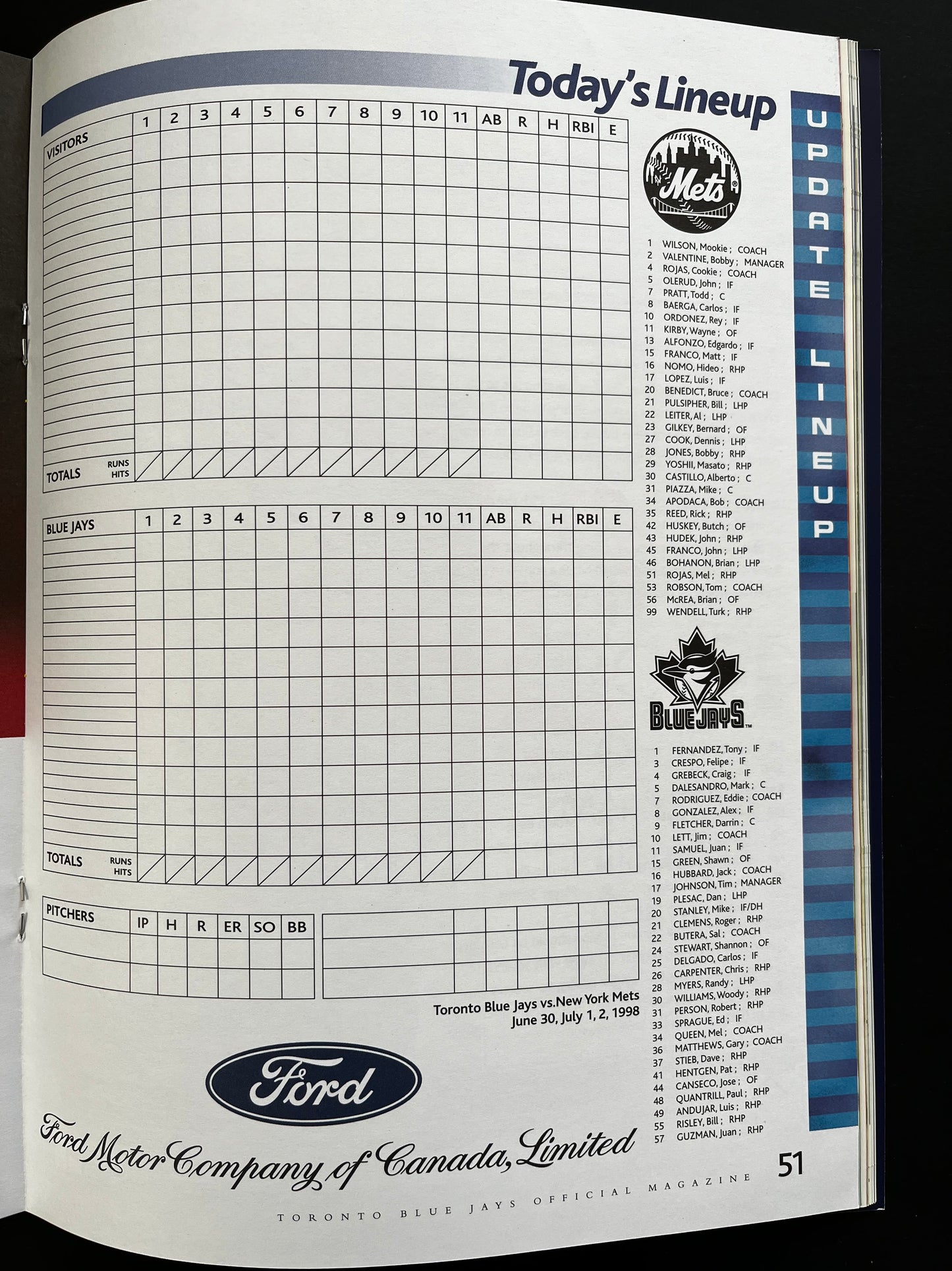 Toronto Blue Jays - Playball Official Program - 1998 vs New York Mets