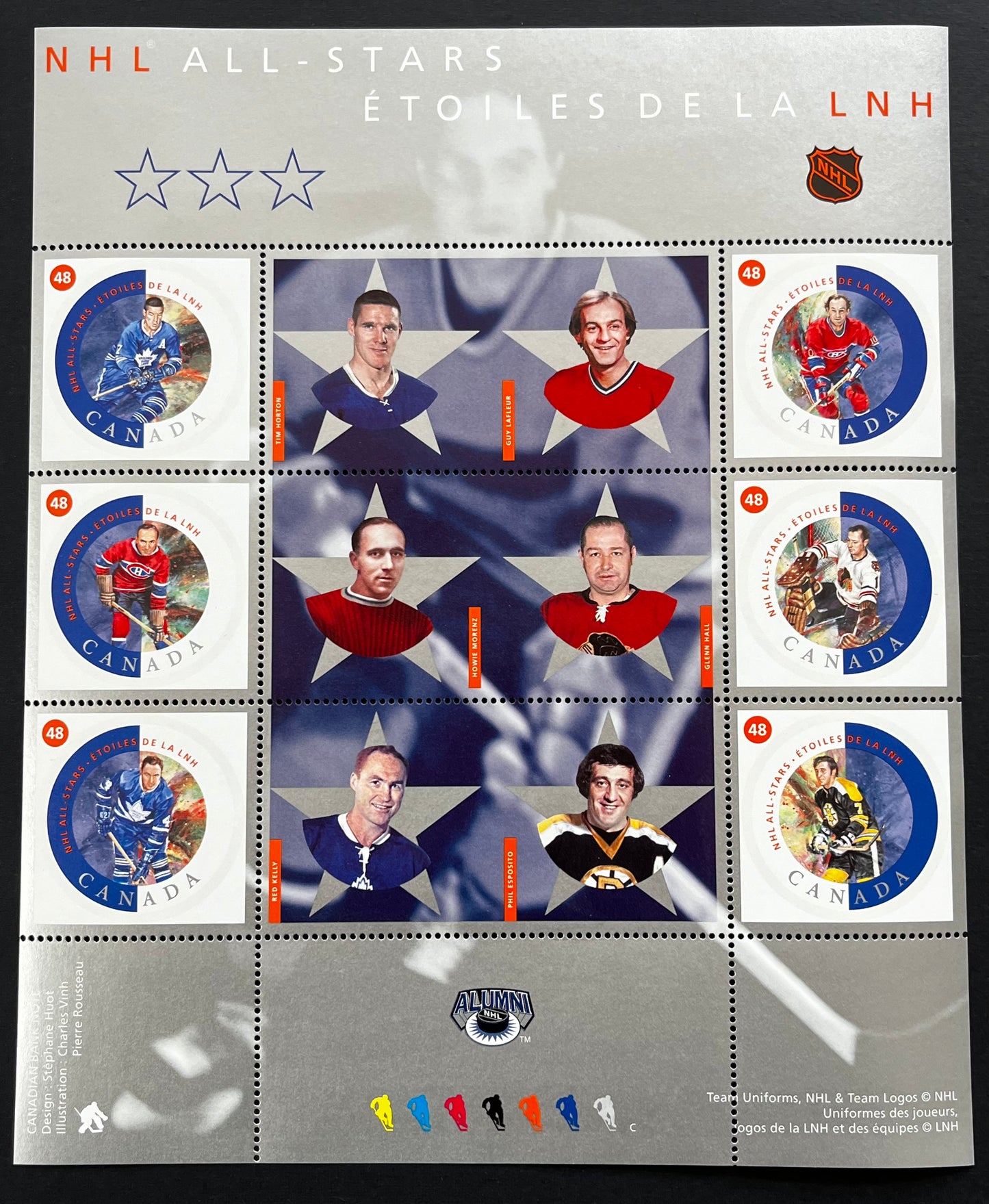 Canada Post - January 12, 2002 NHL All-Stars, Full pane of 6 stamps.