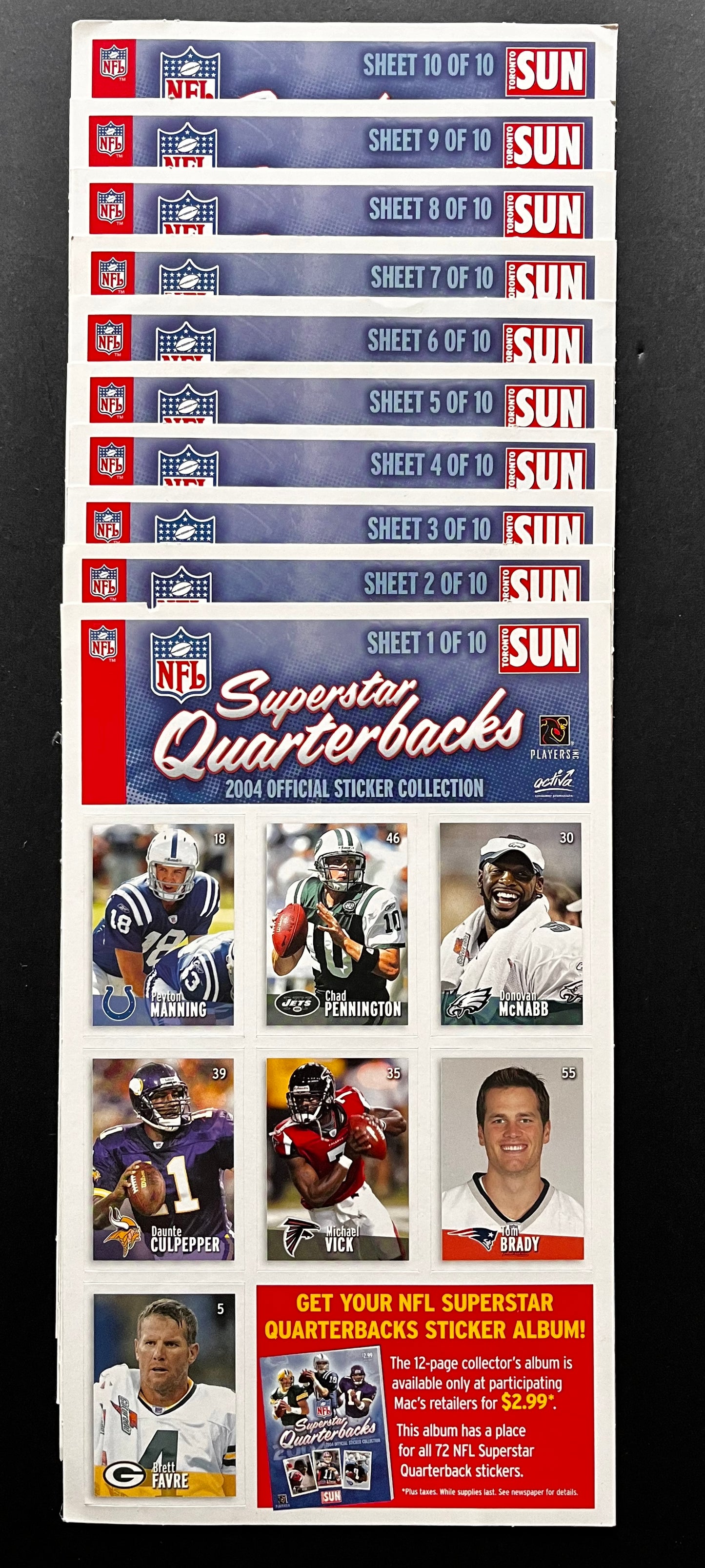NFL Super Star Quarterbacks - Toronto Sun 2004 sticker collection