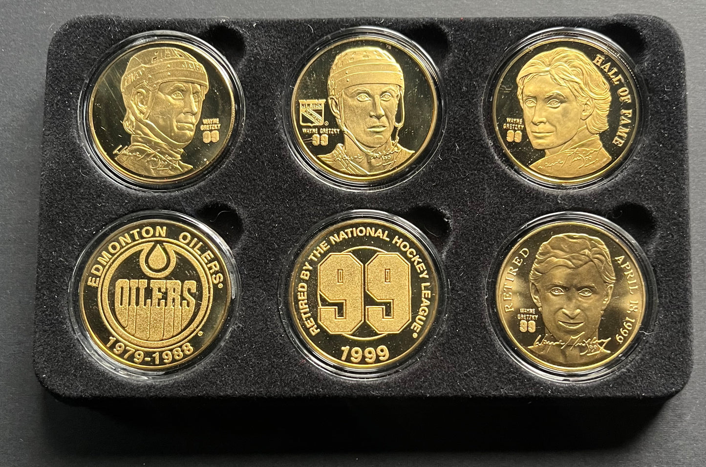 Wayne Gretzky set of 6 24kt gold overlay medallions by Highland Mint