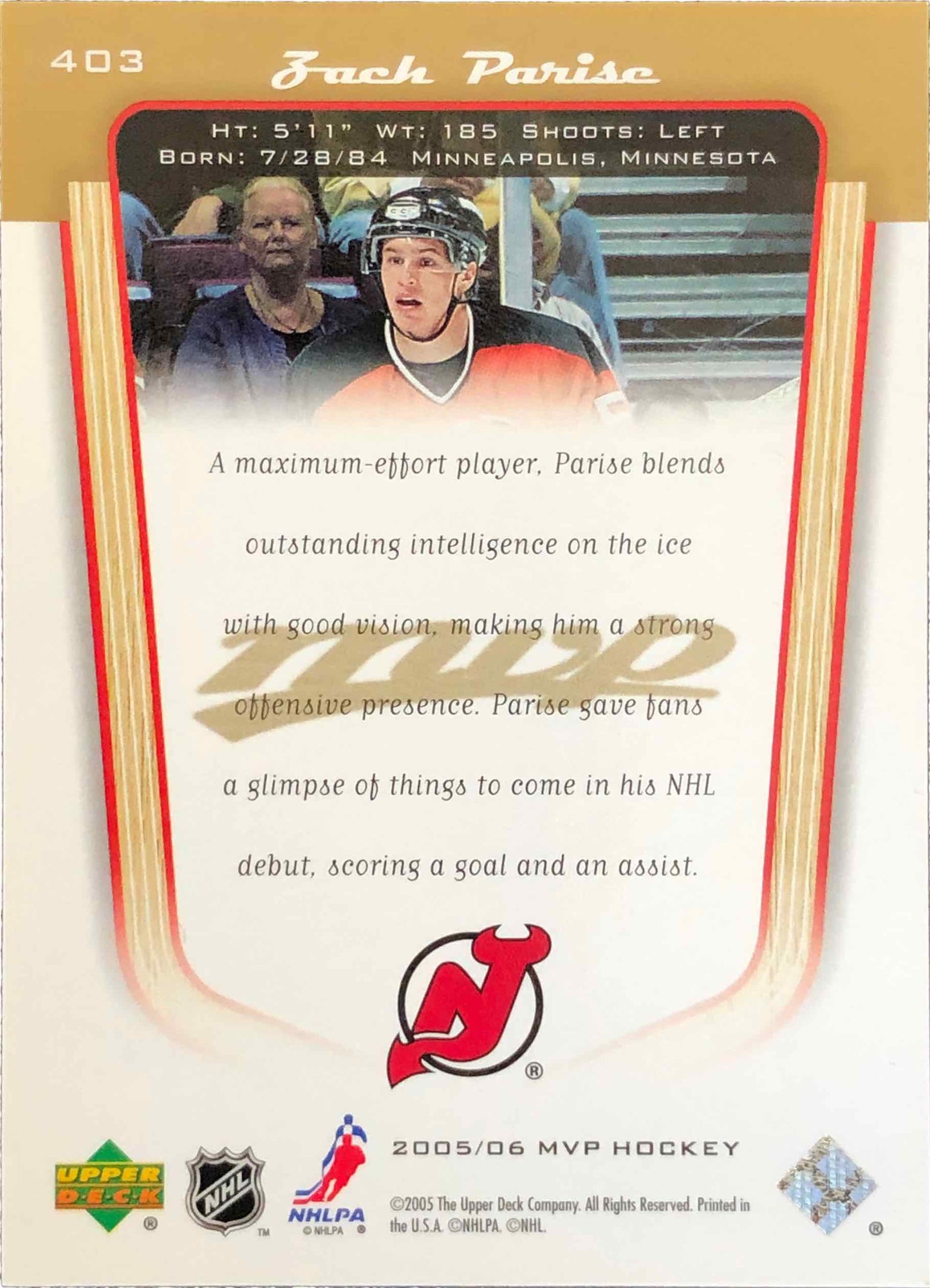2005 UDC MVP #403 Zach Parise Rookie Gold 067/100