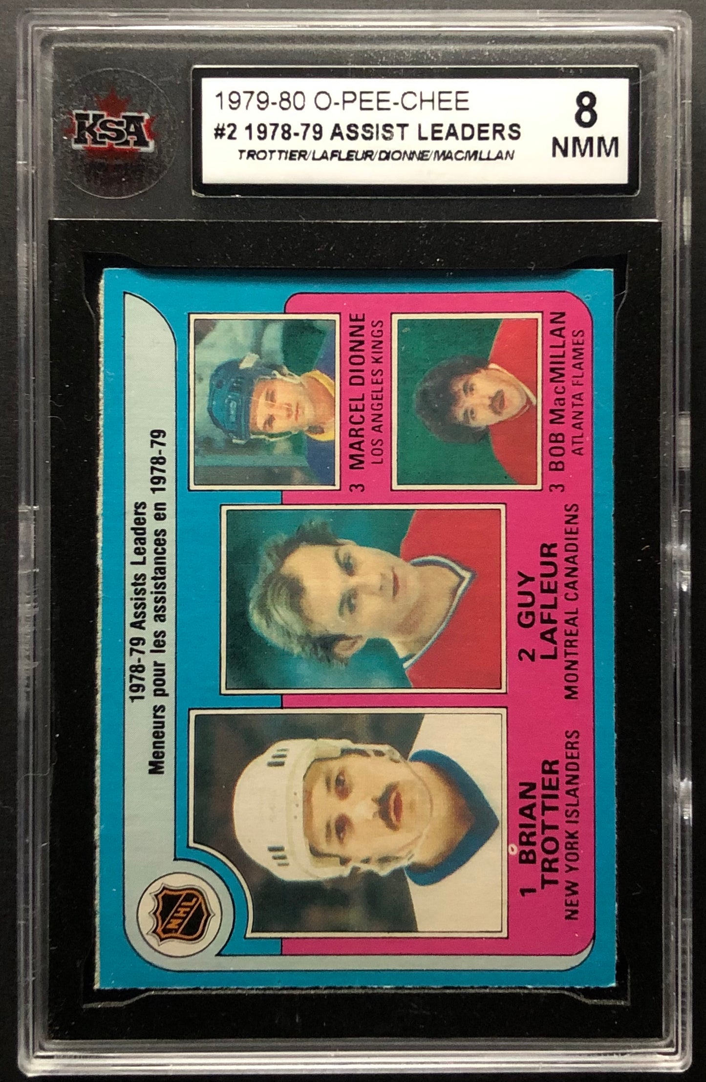 1979 OPC #2 1978-79 Assist Leaders (Trottier, Lafleur, Dionne, MacMillan)