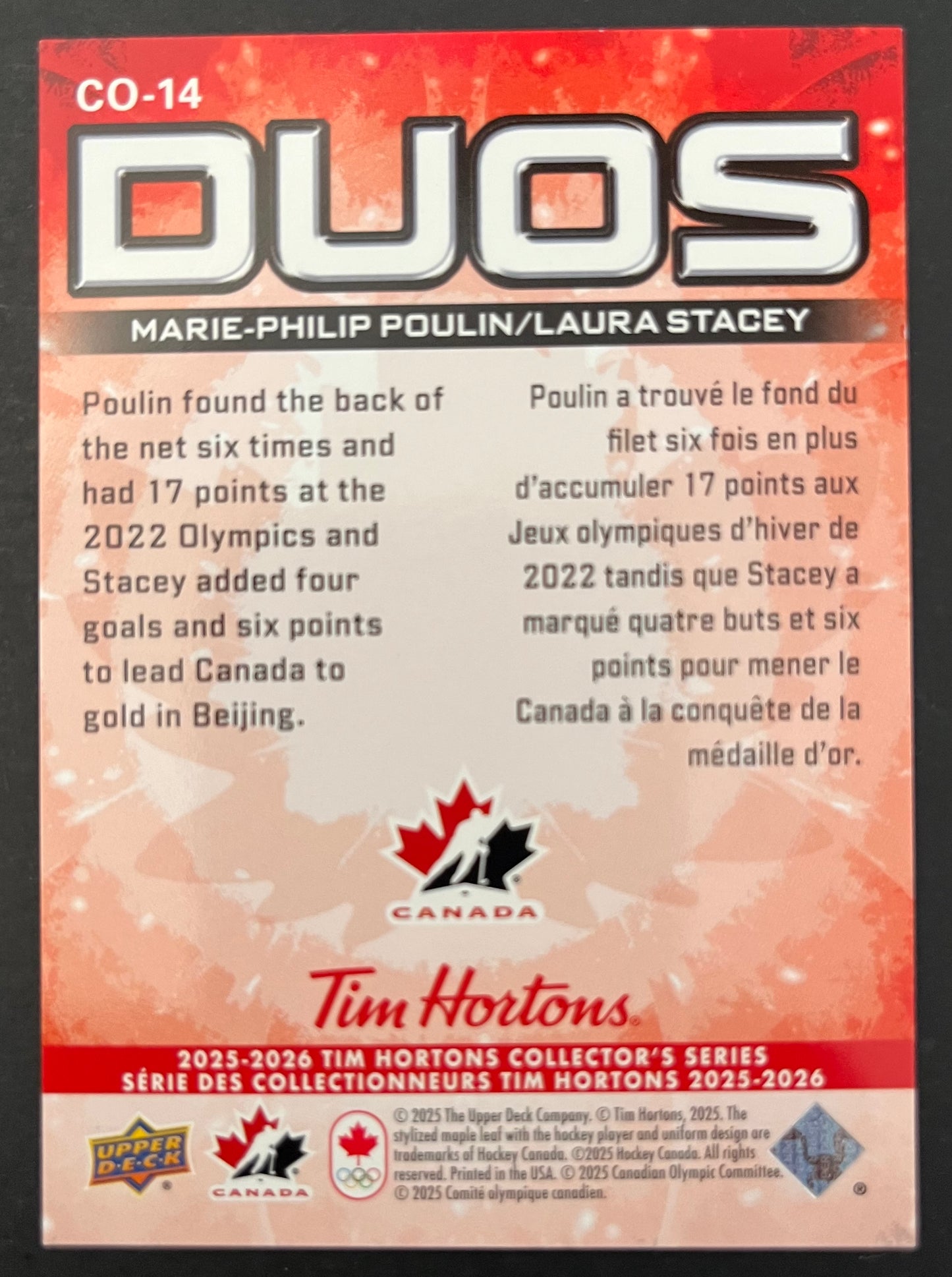 2025-2026 UDC Tim Hortons Collector's Series - Team Canada Duos CO-14