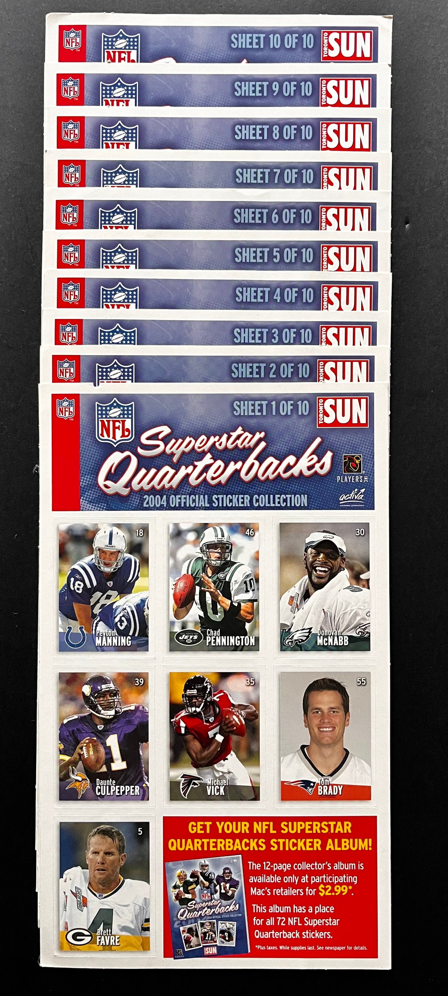 NFL Super Star Quarterbacks  - Toronto Sun 2004 sticker collection