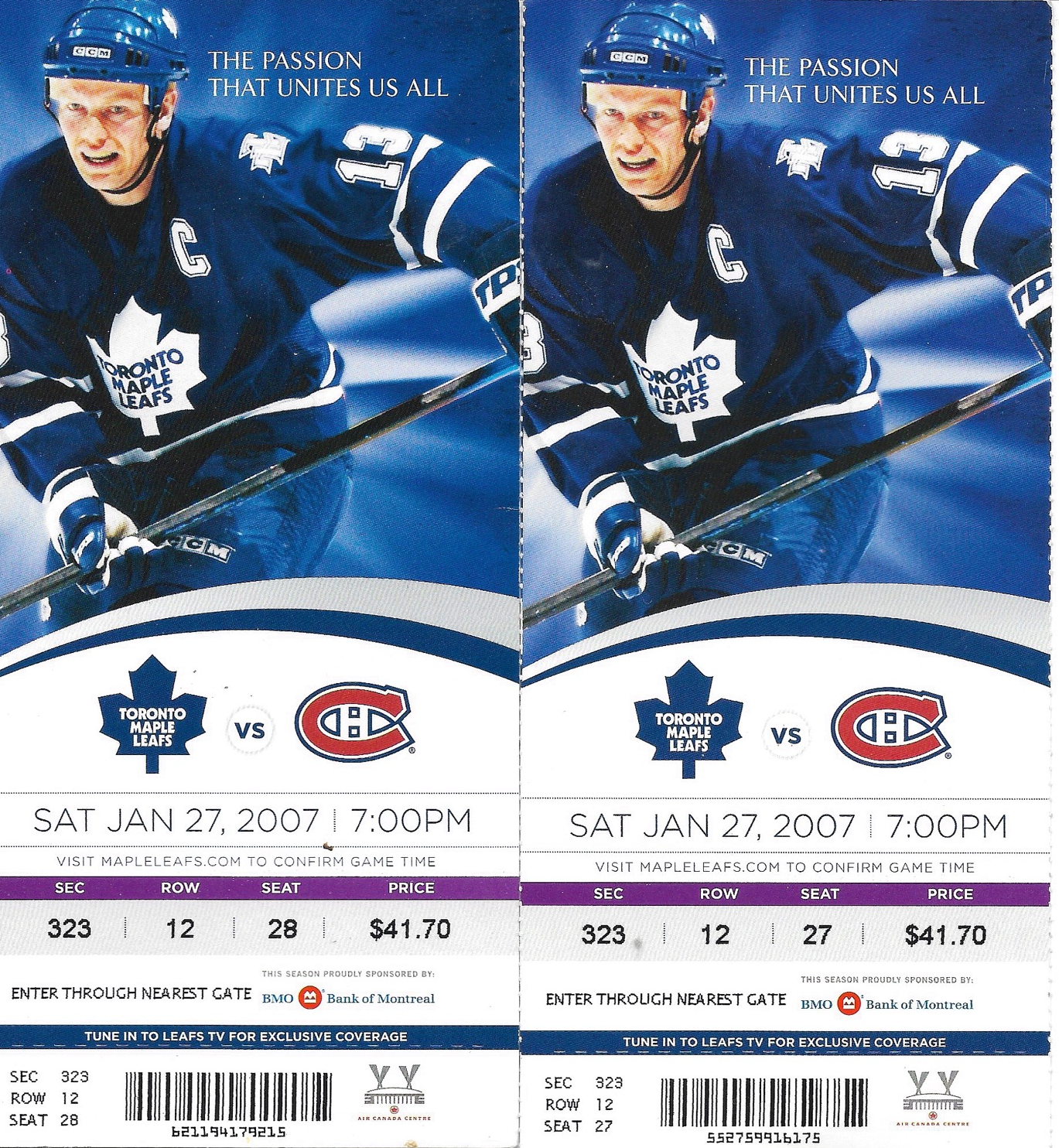 Leafs vs Habs Jan 27 2007 ticket stubs