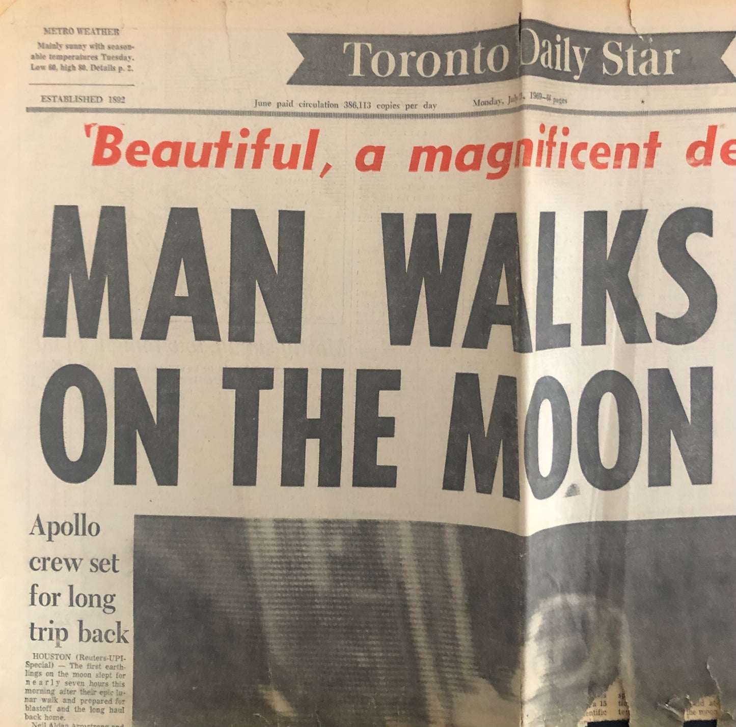 Toronto Daily Star - 1969 "Man Walks on the Moon" newspaper