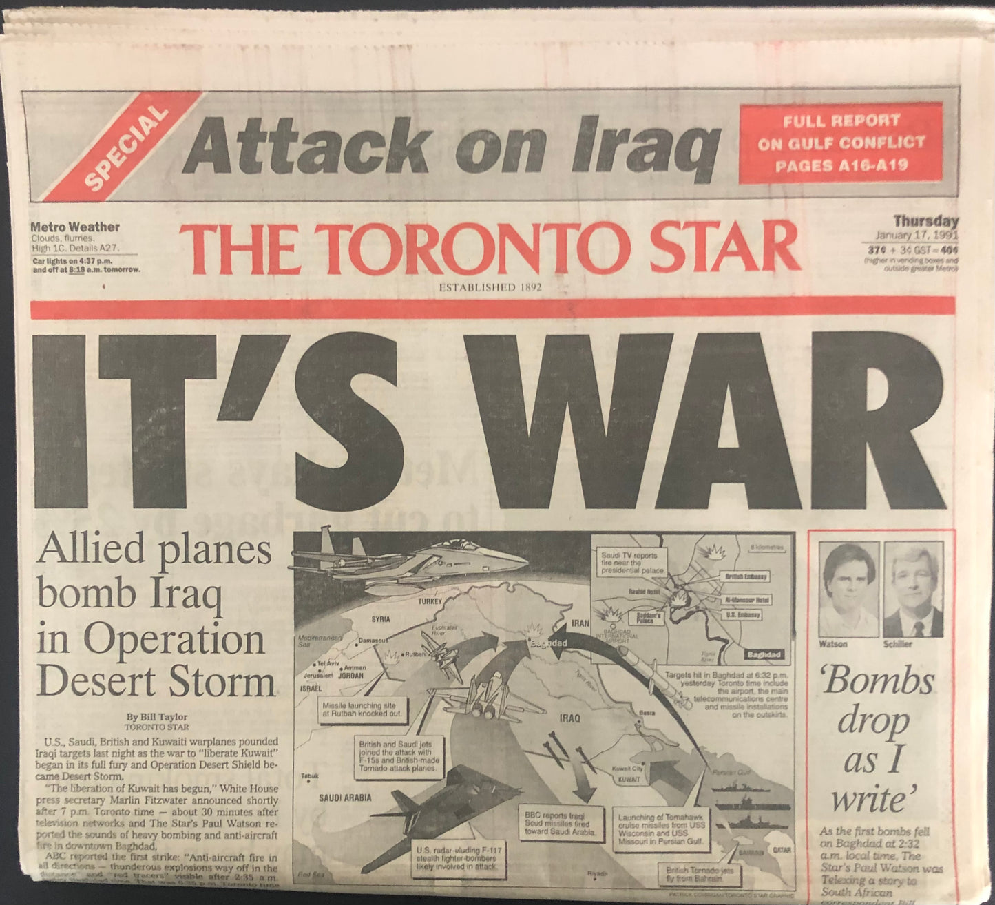 Toronto Star - January 17, 1991 "It's War" newspaper
