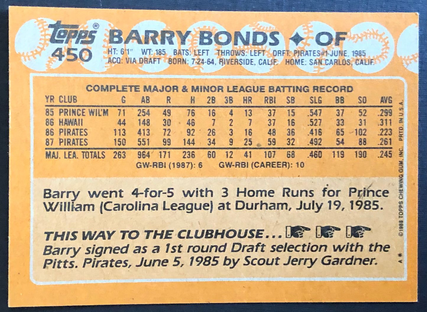 1988 Topps #450 Barry Bonds